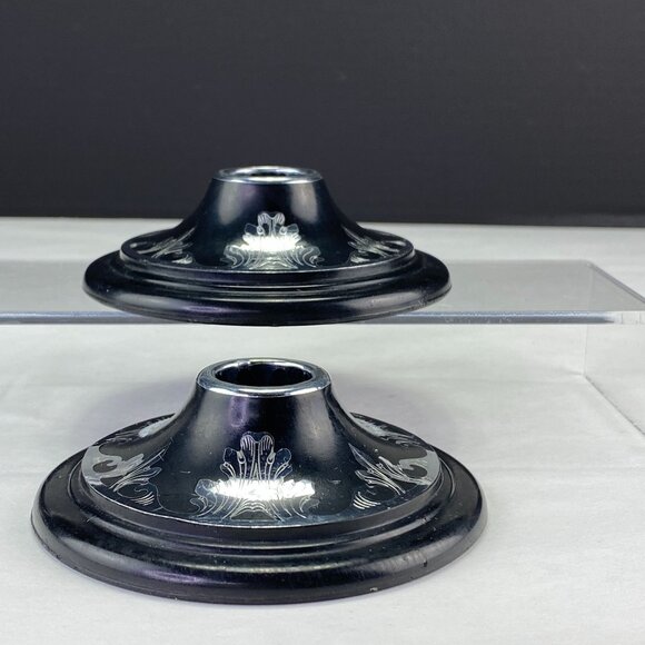 Vintage Harvite Black Silver Tone Inlayed Candle Holders - Picture 3 of 11